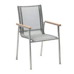 Musterring Brüssel Stapelsessel Edelstahl/Textilene Mit Teakarmlehnen Silbergrau