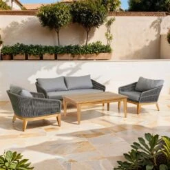 OUTLIV. Santorin Loungeset 4-tlg. Teak/Rope/Olefin Natur/Dunkelgrau
