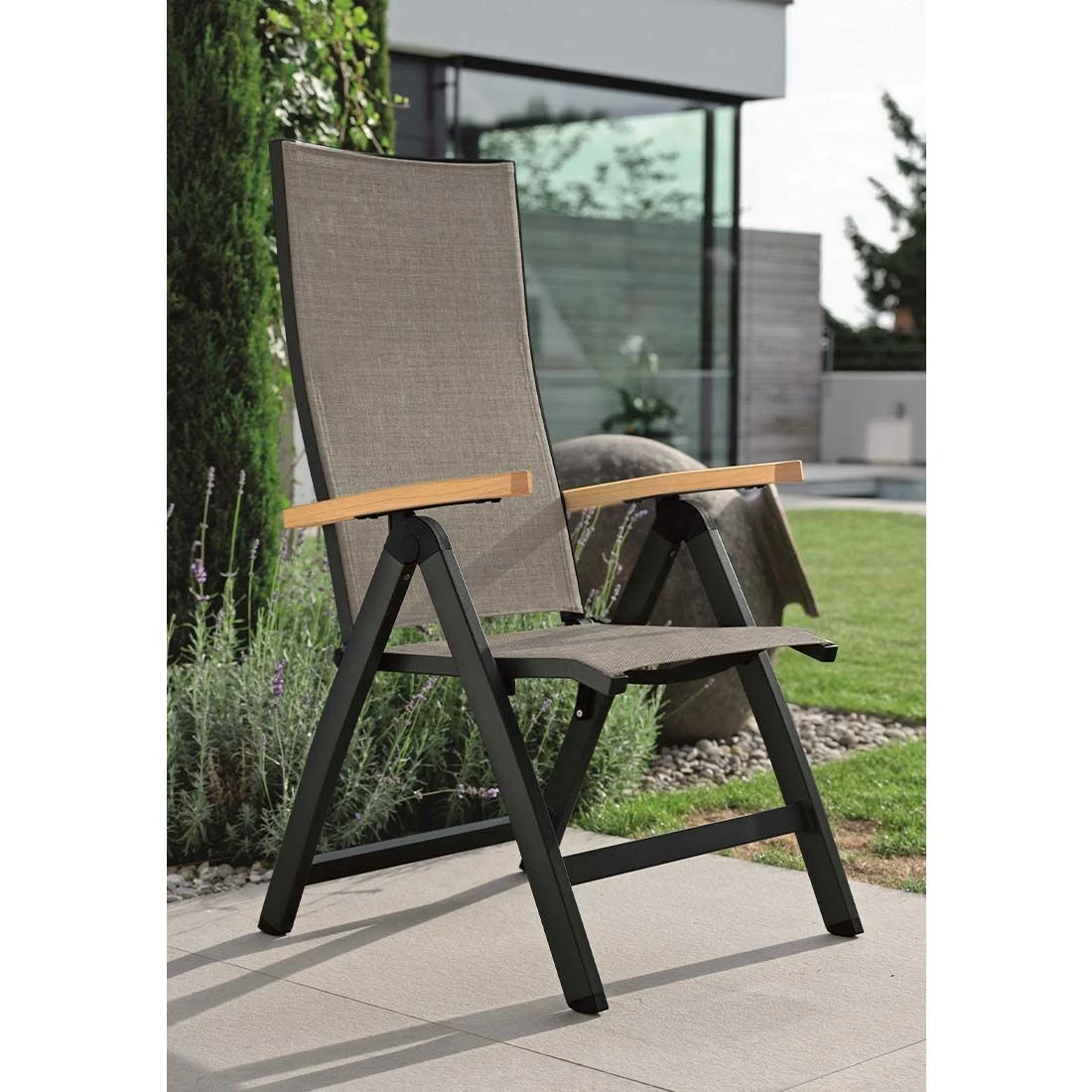 Stern New Top Klappsessel Aluminium/Textilene Schwarz Matt/Leinen Grau 5 Stern New Top Klappsessel Aluminium/Textilene Schwarz Matt/Leinen Grau – Bild 3